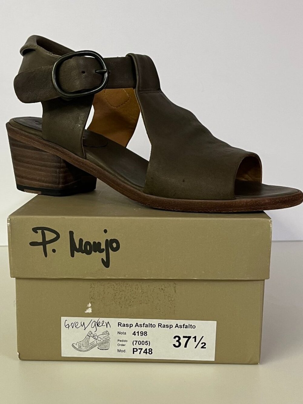 P. Monjo P748 Sandals Open Toed Leather Grey Green Wide T Strap Block Heel W37.5
